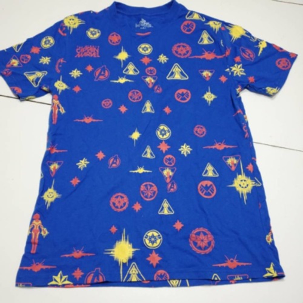 Captain Marvel Womens Graphic T-Shirt Blue Yellow Crew Neck Cotton Blend Tee M